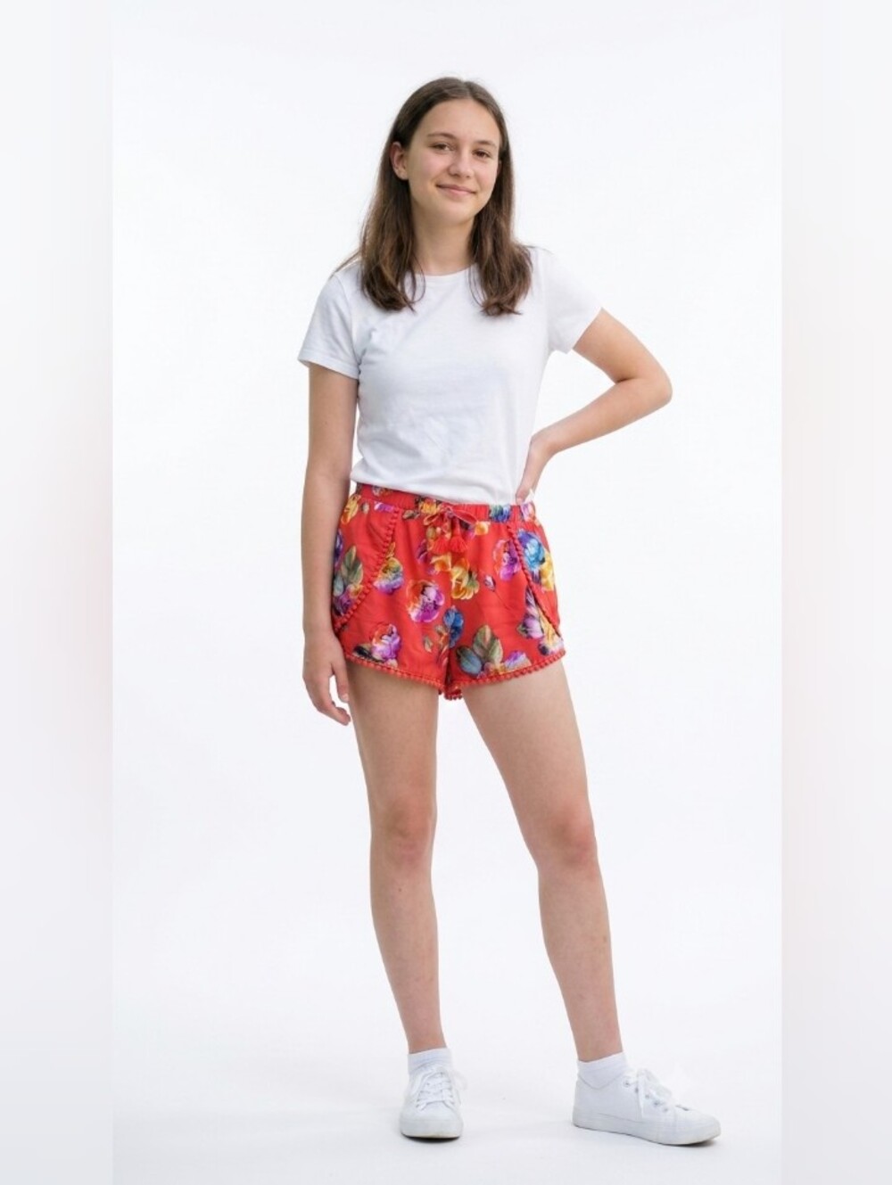 Red Floral Pom-Pom Women’s Casual Shorts Sz14